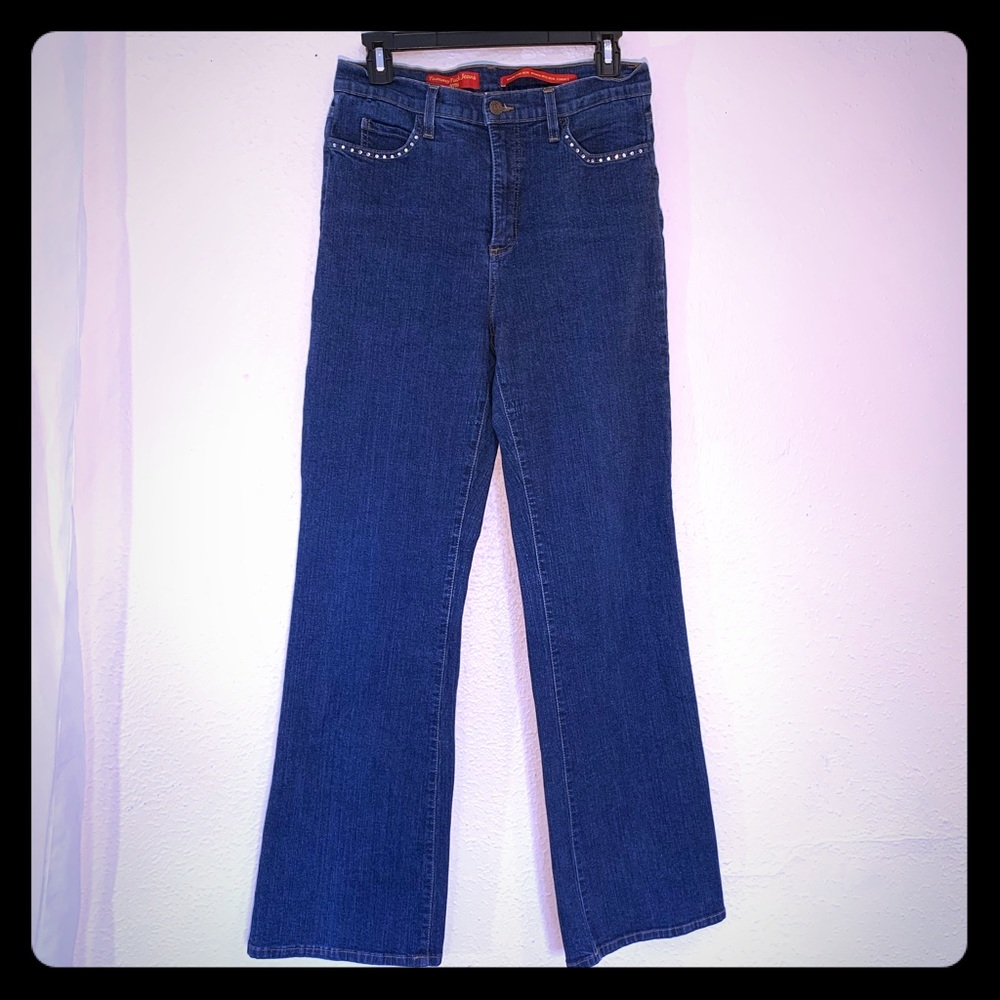 Dark long blue tummy tuck jeans NYDJ rhinestones!